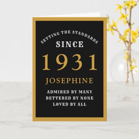 90パーソナライズされたth誕生日1931黒金ゴールドシック カード (黄色い花)