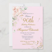 90フローラバラピンク金ゴールドエレガントフォト誕生日 招待状 (正面)