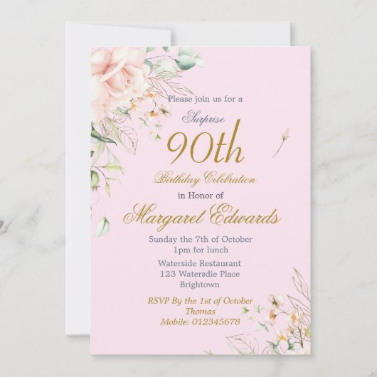 90フローラバラピンク金ゴールドエレガントフォト誕生日 招待状 (正面)