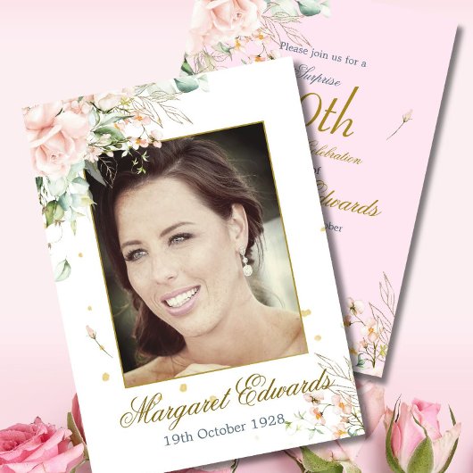 90フローラバラピンク金ゴールドエレガントフォト誕生日 招待状