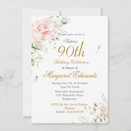 90フローラバラブルー金ゴールドエレガントフォト誕生日 招待状 (正面)