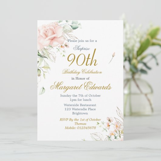 90フローラバラブルー金ゴールドエレガントフォト誕生日 招待状 (スタンド正面)