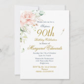 90フローラバラ金ゴールドブルーエレガントフォト誕生日 招待状 (正面)