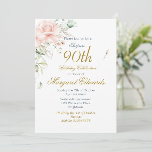 90フローラバラ金ゴールドブルーエレガントフォト誕生日 招待状 (スタンド正面)