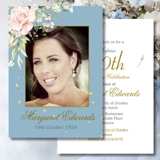 90フローラバラ金ゴールドブルーエレガントフォト誕生日 招待状