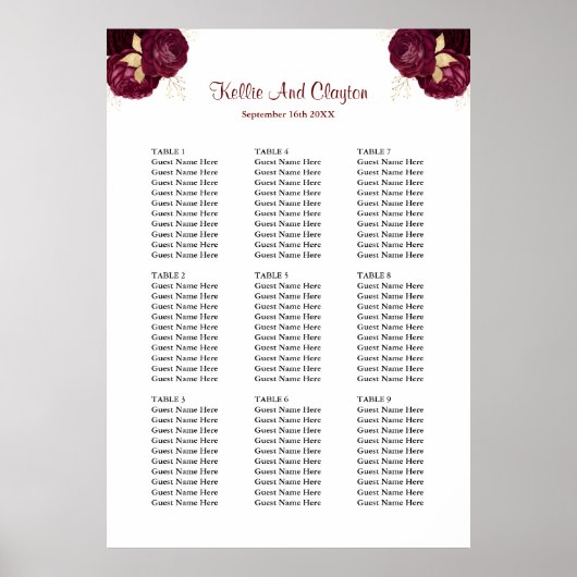 90ブルゴーニュと金ゴールドフローラ結婚の座席表 ポスター (正面)