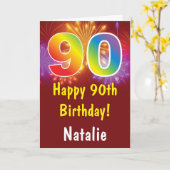 90位の誕生日カラフル、虹の花火が赤 カード (黄色い花)