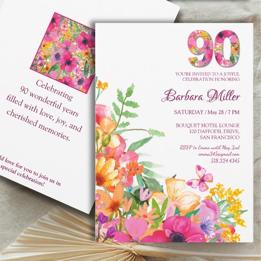 90年の花 – 水彩90誕生日 招待状