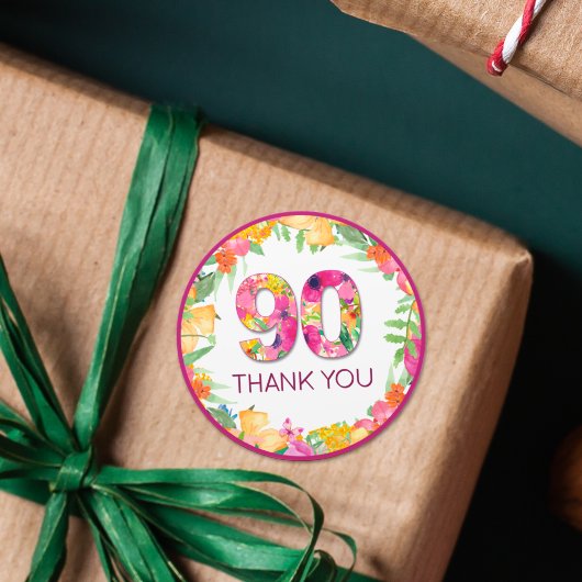 90年フラワーバタフライ90誕生日ありがとう ラウンドシール
