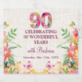 90年フラワーバタフライ90誕生日リネン スパークリングワインラベル (シングルラベル)