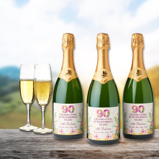 90年フラワーバタフライ90誕生日リネン スパークリングワインラベル