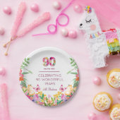 90年フラワーバタフライ90th誕生日パーティー ペーパープレート (パーティー)