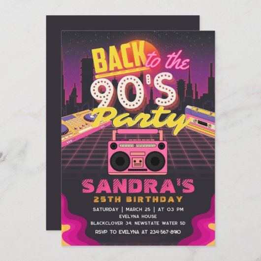 90年代と80年代のアイディア誕生日パーティーの招待状 招待状 (正面/裏面)