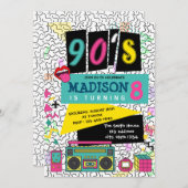 90年代のテーマパーティーの誕生日の招待 招待状 (正面/裏面)