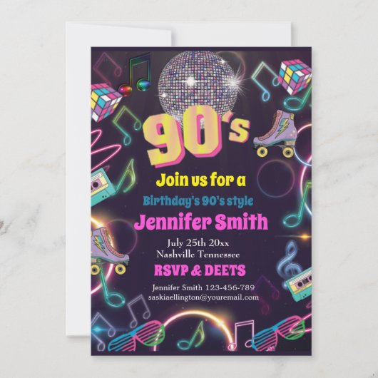 90年代のネオンディスコのノスタルジックな雰囲気 招待状 (正面)