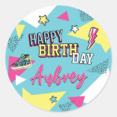 90年代の明るい色ポップ・アートのの誕生日パーティーに戻る ラウンドシール (正面)