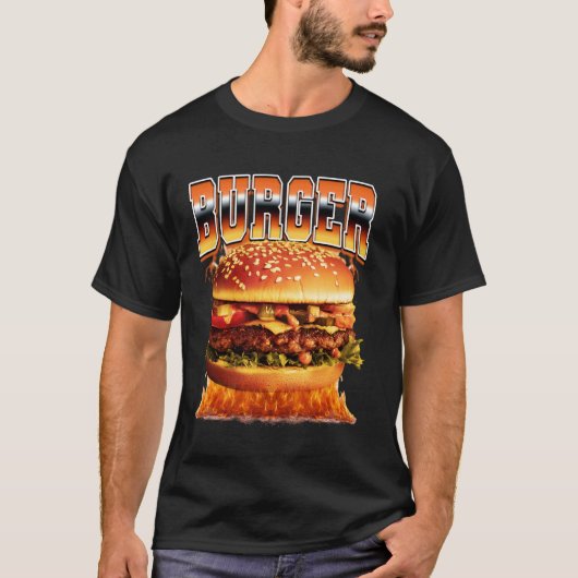 90年代の海賊版スタイルのバーガー ハンバーガー チーズバーガー Tシャツ (正面)