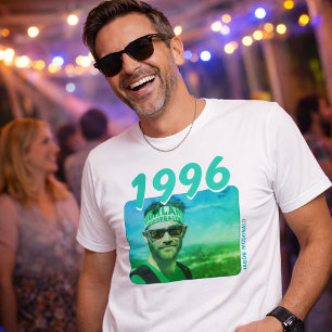 90年代の誕生日を祝うネオン・ブルーのフォトTシャツ Tシャツ