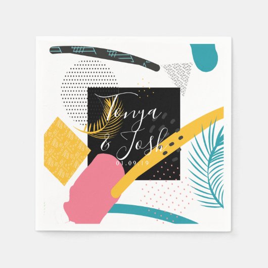 90年代の鮮やかな抽象アートコラージュ スタンダードカクテルナプキン (正面)