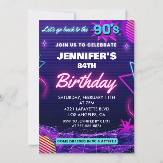 90年代へ戻ろう 84歳の誕生日招待状 レトロ 招待状 (正面)