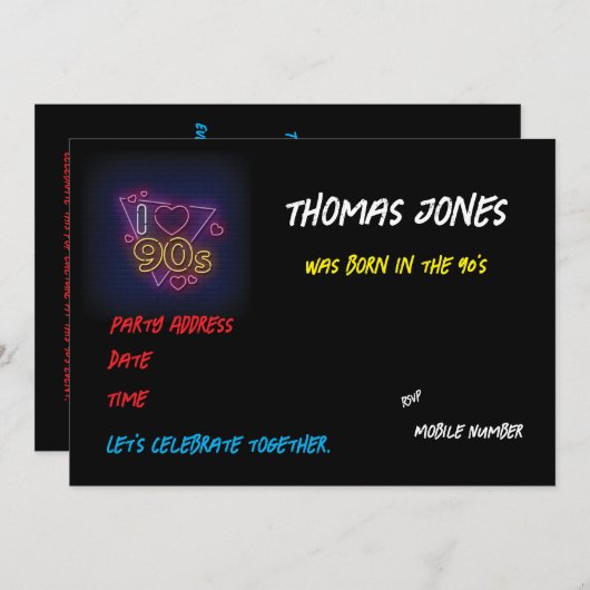 90年代をテーマにしたパーソナライズされたレトロパーティー 招待状 (正面/裏面)