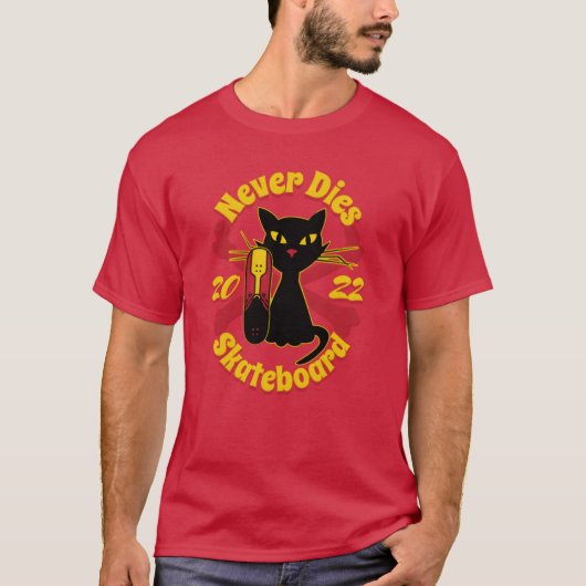 90年代スケボー猫 スケボーネバー ダイ ファミリー Tシャツ (正面)