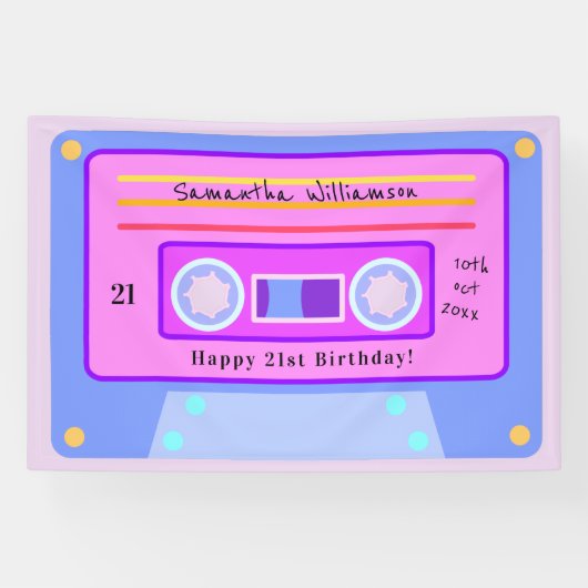 90年代ピンクブルーパステルカセット21歳の誕生日パーティー 横断幕 (横)