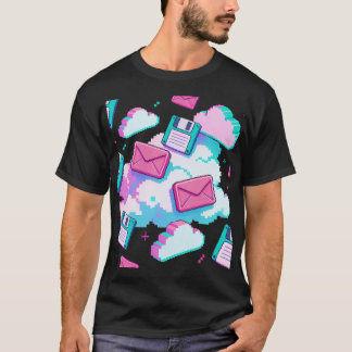 90年代ベイパーウェーブ フロッピー ディスク & ピクセル クラウド Y2K Tシャツ
