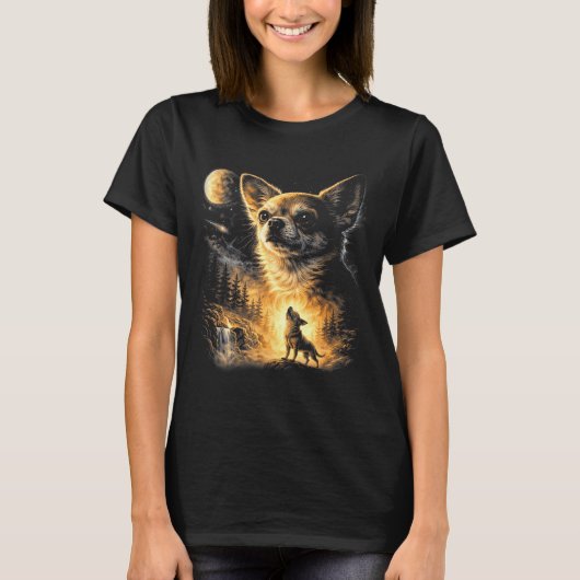 90年代レトロ犬のミーム 月に吠えるチワワ Tシャツ (正面)