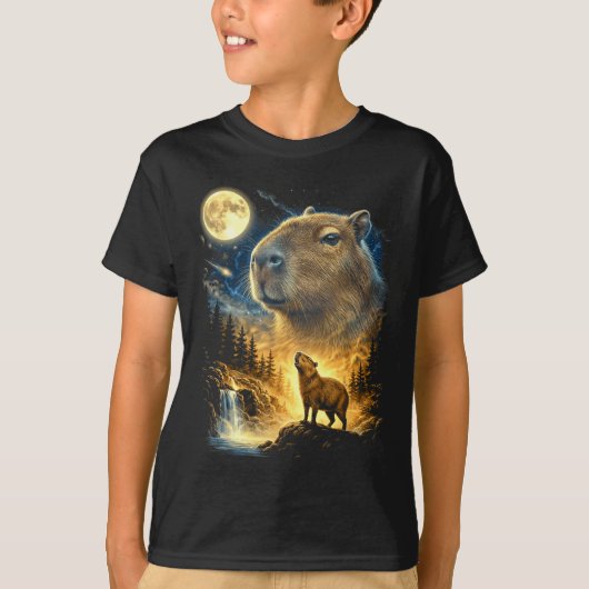 90年代風カピバラの月への遠吠えの珍しいおもしろ画像 Tシャツ (正面)