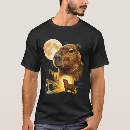 90年代風カピバラの月への遠吠え動物ミーム Tシャツ (正面)