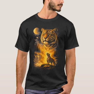 90年代風動物トラ月夜に吠えるミーム Tシャツ