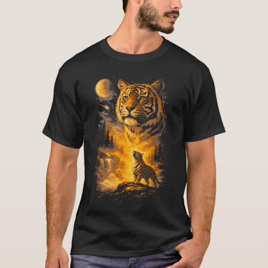 90年代風動物トラ月夜に吠えるミーム Tシャツ (正面)