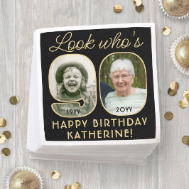 90歳おめでとう ブラック&ゴールドの誕生日フォトフレーム 2枚の写真入り スタンダードカクテルナプキン