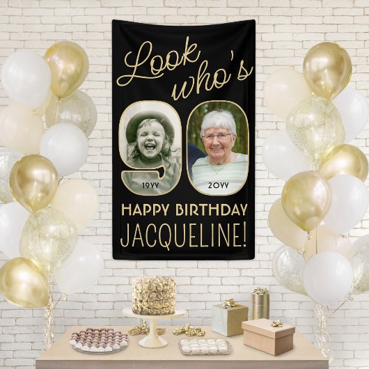 90歳おめでとう ブラック＆ゴールド 2枚の写真 誕生日パーティー 横断幕