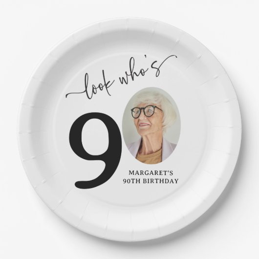 90歳おめでとう！モダンフォト90歳の誕生日 ペーパープレート (正面)