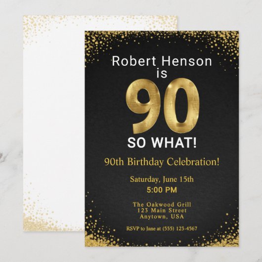 90歳だって何?! ブラックゴールド 90歳の誕生日 招待状 (正面/裏面)
