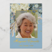90歳のお祝いにエレガントな花と写真のブルーデザイン 箔招待状 (正面)