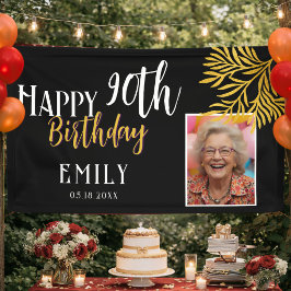 90歳のお誕生日おめでとう ゴールドの葉の写真背景 横断幕