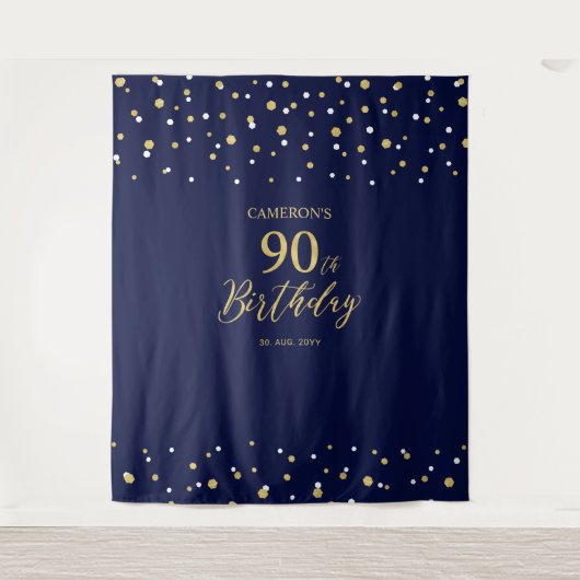 90歳のゴールド&ネイビー 誕生日パーティー 背景 タペストリー (正面)