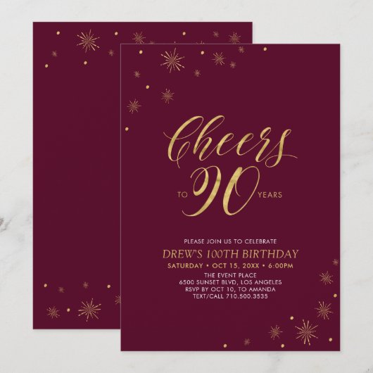 90歳のゴールド&バーガンディ 誕生日パーティーにおめでとう 招待状 (正面/裏面)