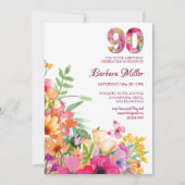 90歳の花と蝶のおばあちゃん90歳の誕生日 招待状 (正面)