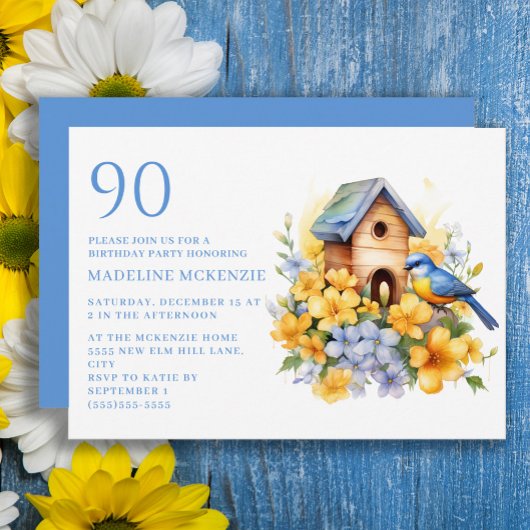 90歳の誕生日おめでとう バード バードハウス 青 黄色の花 招待状