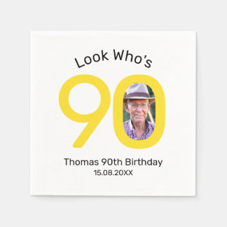 90歳の誕生日おめでとう フォトイエロー＆ホワイト スタンダードカクテルナプキン