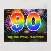90歳の誕生日おめでとう - 楽しい花火柄 + レインボー90 ポストカード (正面)