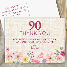 90歳の誕生日お祝いありがとう ピンクのワイルドフラワーリネン ポストカード
