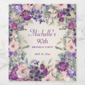 90歳の誕生日お祝いパープル・ピンクの花と葉 ワインラベル (シングルラベル)