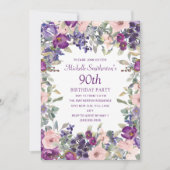 90歳の誕生日お祝いパープル＋ピンクの花と葉 招待状 (正面)