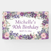 90歳の誕生日お祝いパープル+ピンクの花と葉 横断幕 (横)