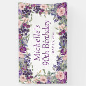 90歳の誕生日お祝いパープル+ピンクの花と葉 横断幕 (縦)